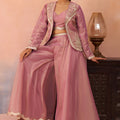 Superb Dusty Pink Tissue Party Wear Crop Top Palazzo Set with Embroidered Jacket