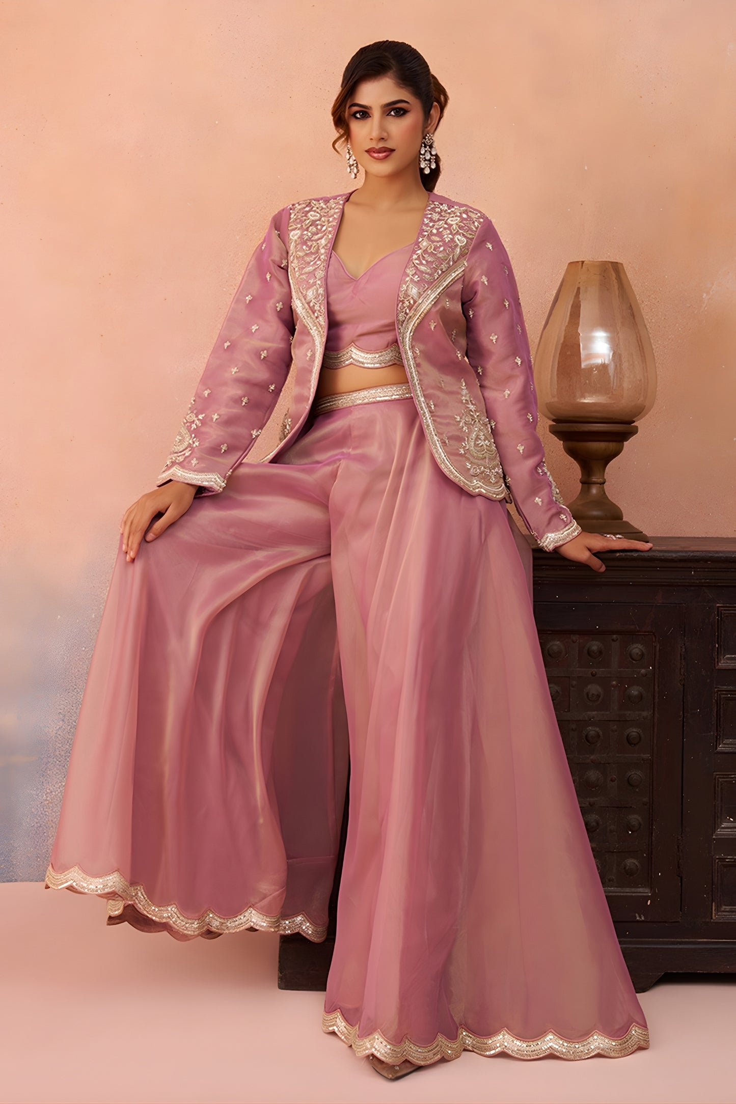 Superb Dusty Pink Tissue Party Wear Crop Top Palazzo Set with Embroidered Jacket