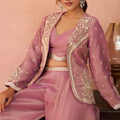 Superb Dusty Pink Tissue Party Wear Crop Top Palazzo Set with Embroidered Jacket