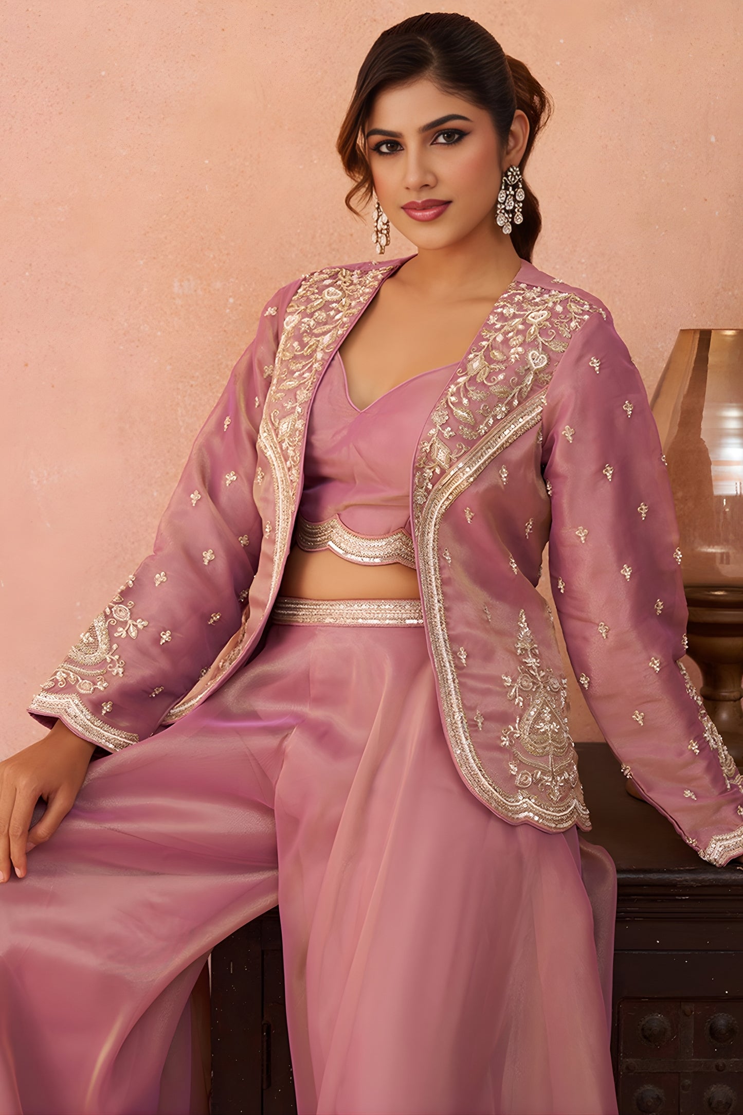 Superb Dusty Pink Tissue Party Wear Crop Top Palazzo Set with Embroidered Jacket