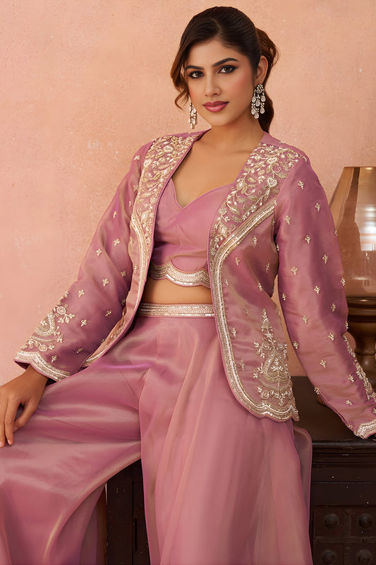 Superb Dusty Pink Tissue Party Wear Crop Top Palazzo Set with Embroidered Jacket