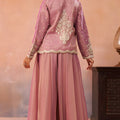 Superb Dusty Pink Tissue Party Wear Crop Top Palazzo Set with Embroidered Jacket