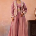 Superb Dusty Pink Tissue Party Wear Crop Top Palazzo Set with Embroidered Jacket
