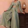 Wonderful Pista Green Tissue Party Wear Crop Top Palazzo Set with Embroidered Jacket