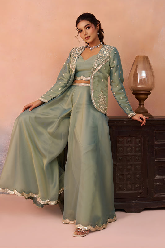 Wonderful Pista Green Tissue Party Wear Crop Top Palazzo Set with Embroidered Jacket