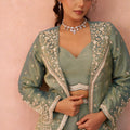 Wonderful Pista Green Tissue Party Wear Crop Top Palazzo Set with Embroidered Jacket