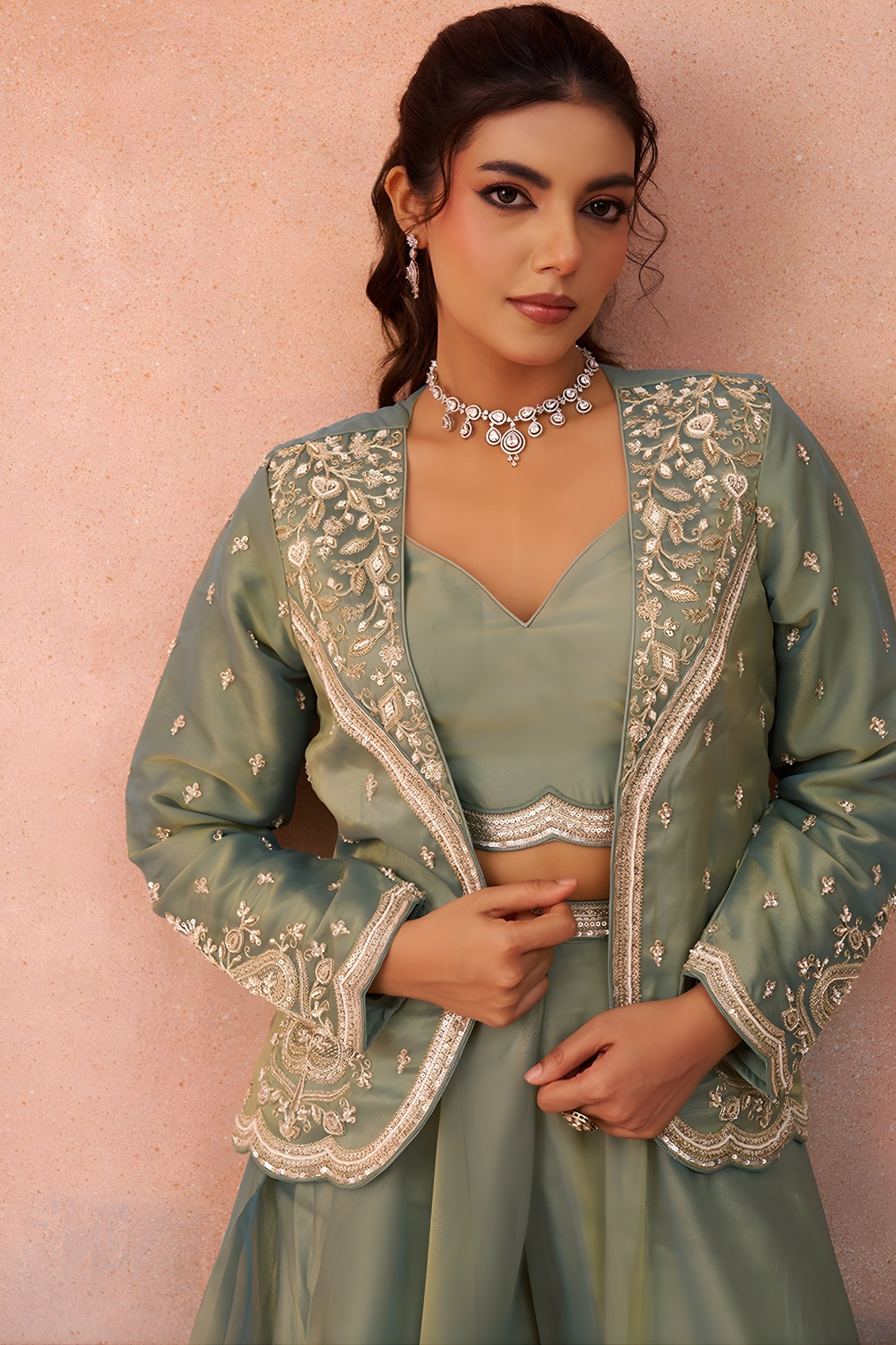 Wonderful Pista Green Tissue Party Wear Crop Top Palazzo Set with Embroidered Jacket
