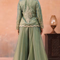 Wonderful Pista Green Tissue Party Wear Crop Top Palazzo Set with Embroidered Jacket