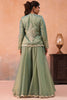 Wonderful Pista Green Tissue Party Wear Crop Top Palazzo Set with Embroidered Jacket