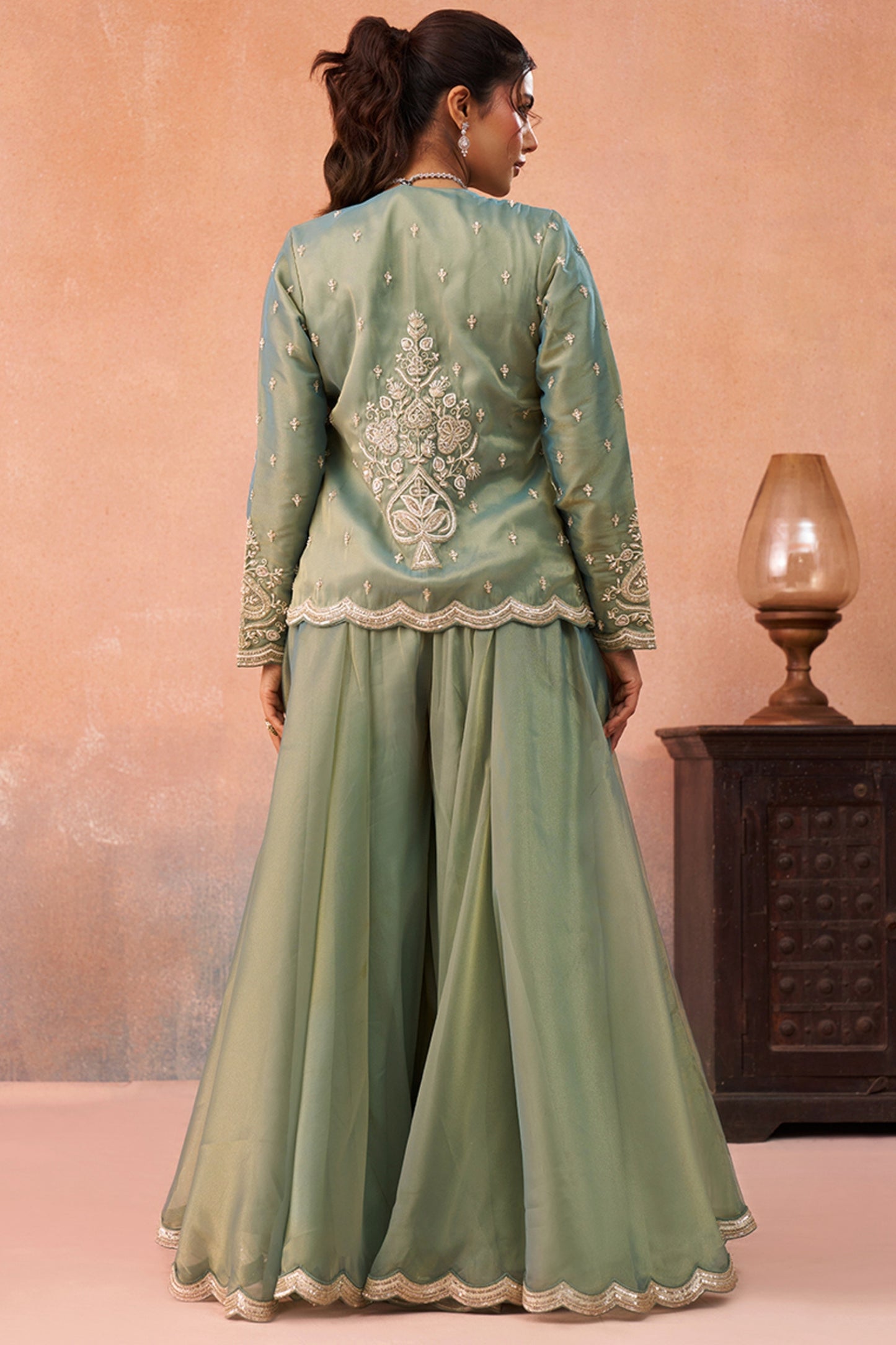 Wonderful Pista Green Tissue Party Wear Crop Top Palazzo Set with Embroidered Jacket