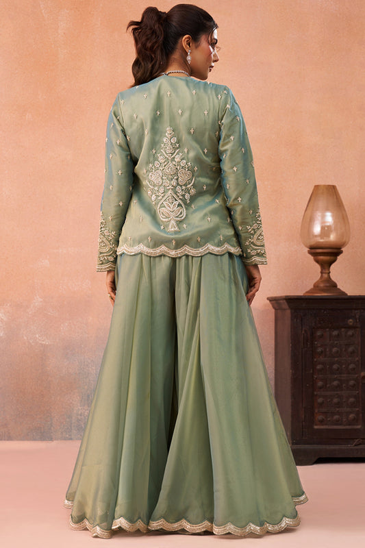 Wonderful Pista Green Tissue Party Wear Crop Top Palazzo Set with Embroidered Jacket