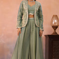Wonderful Pista Green Tissue Party Wear Crop Top Palazzo Set with Embroidered Jacket