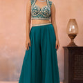 Trendy Teal Green Organza Party Wear Crop Top Palazzo Set with Embroidered Jacket