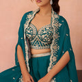 Trendy Teal Green Organza Party Wear Crop Top Palazzo Set with Embroidered Jacket