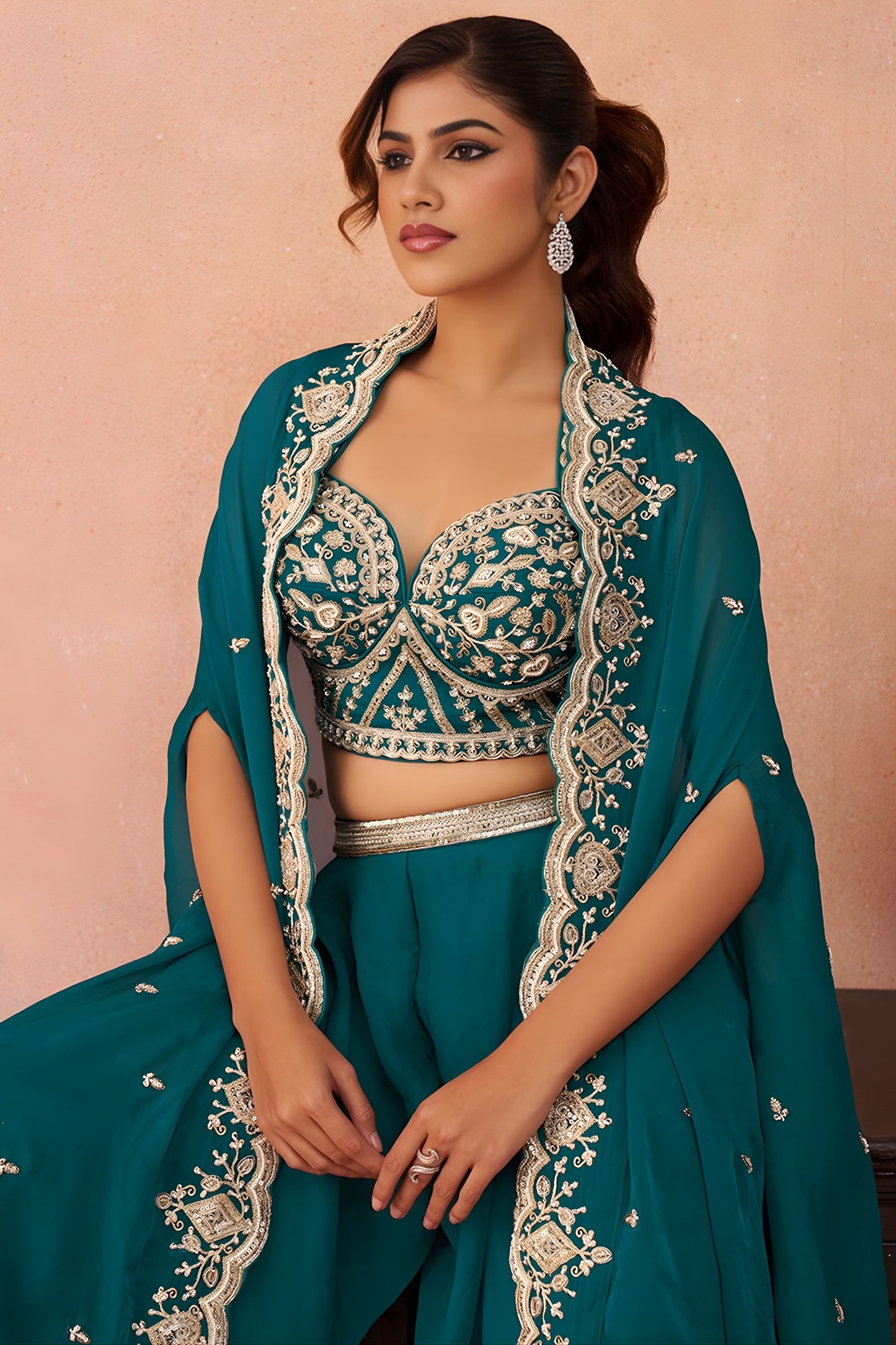 Trendy Teal Green Organza Party Wear Crop Top Palazzo Set with Embroidered Jacket
