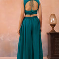 Trendy Teal Green Organza Party Wear Crop Top Palazzo Set with Embroidered Jacket