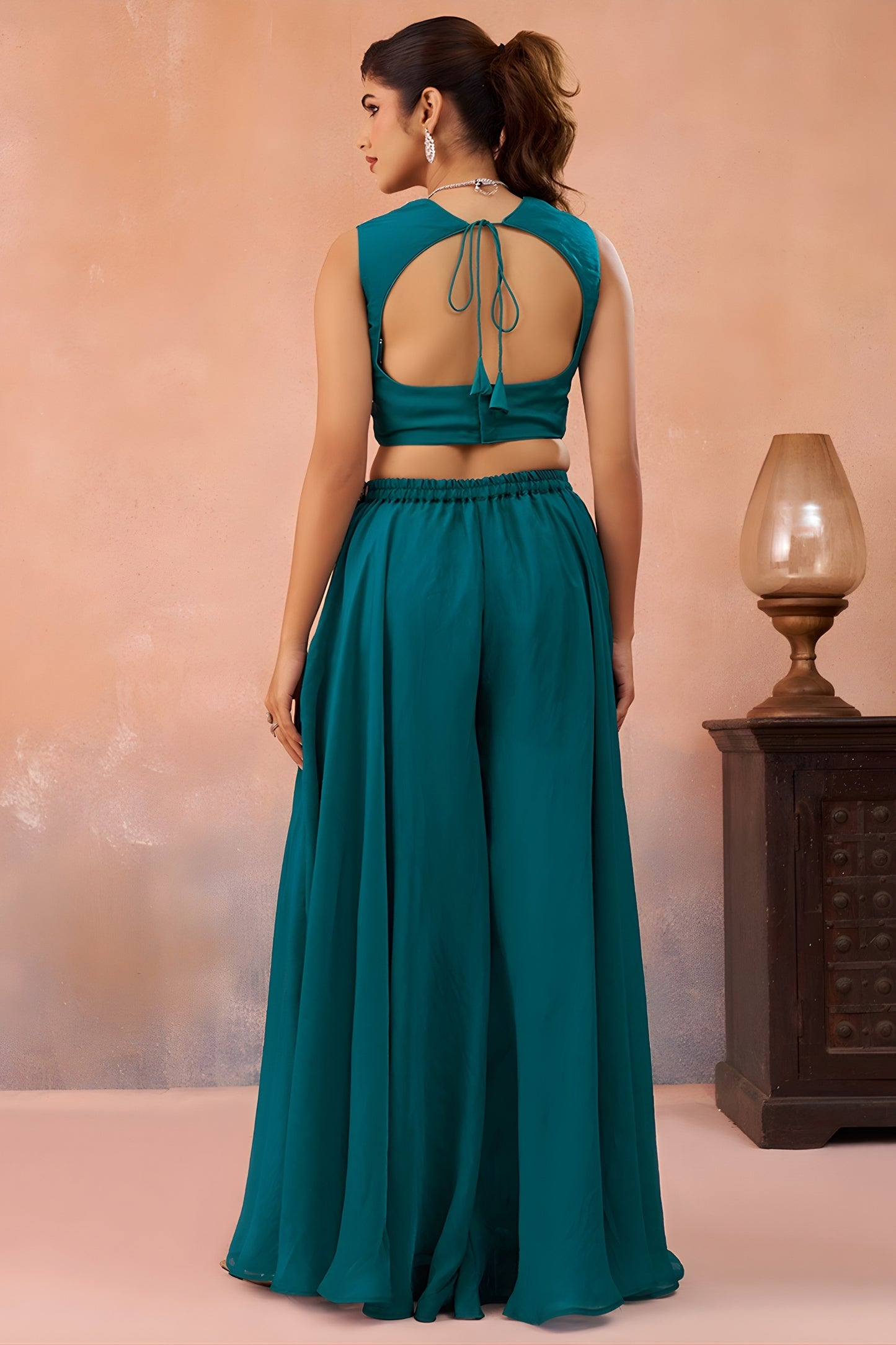 Trendy Teal Green Organza Party Wear Crop Top Palazzo Set with Embroidered Jacket