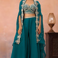 Trendy Teal Green Organza Party Wear Crop Top Palazzo Set with Embroidered Jacket