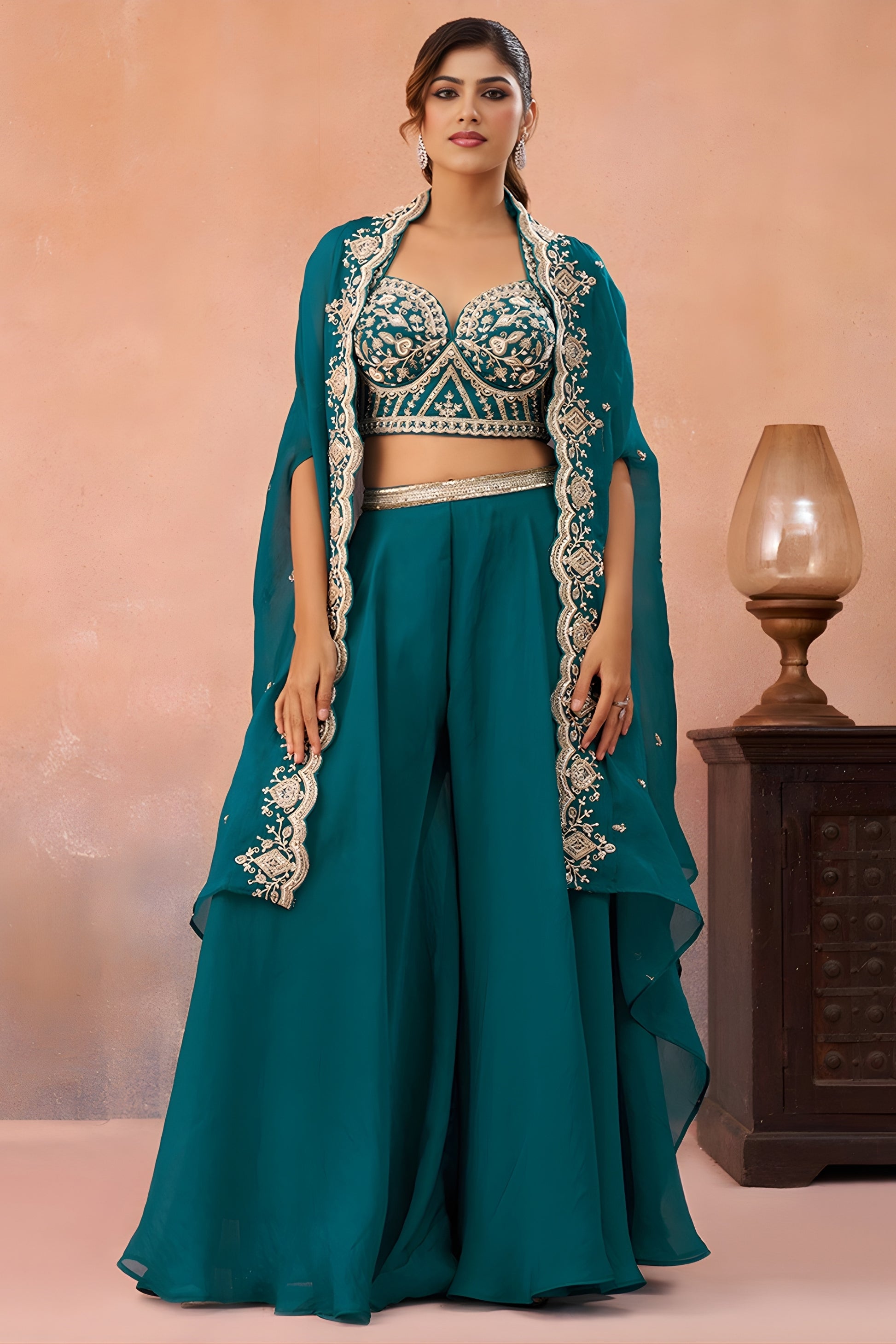 Trendy Teal Green Organza Party Wear Crop Top Palazzo Set with Embroidered Jacket