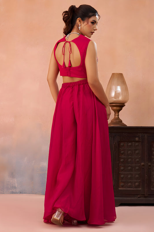 Lovely Rani Pink Organza Party Wear Crop Top Palazzo Set with Embroidered Jacket