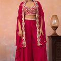 Lovely Rani Pink Organza Party Wear Crop Top Palazzo Set with Embroidered Jacket