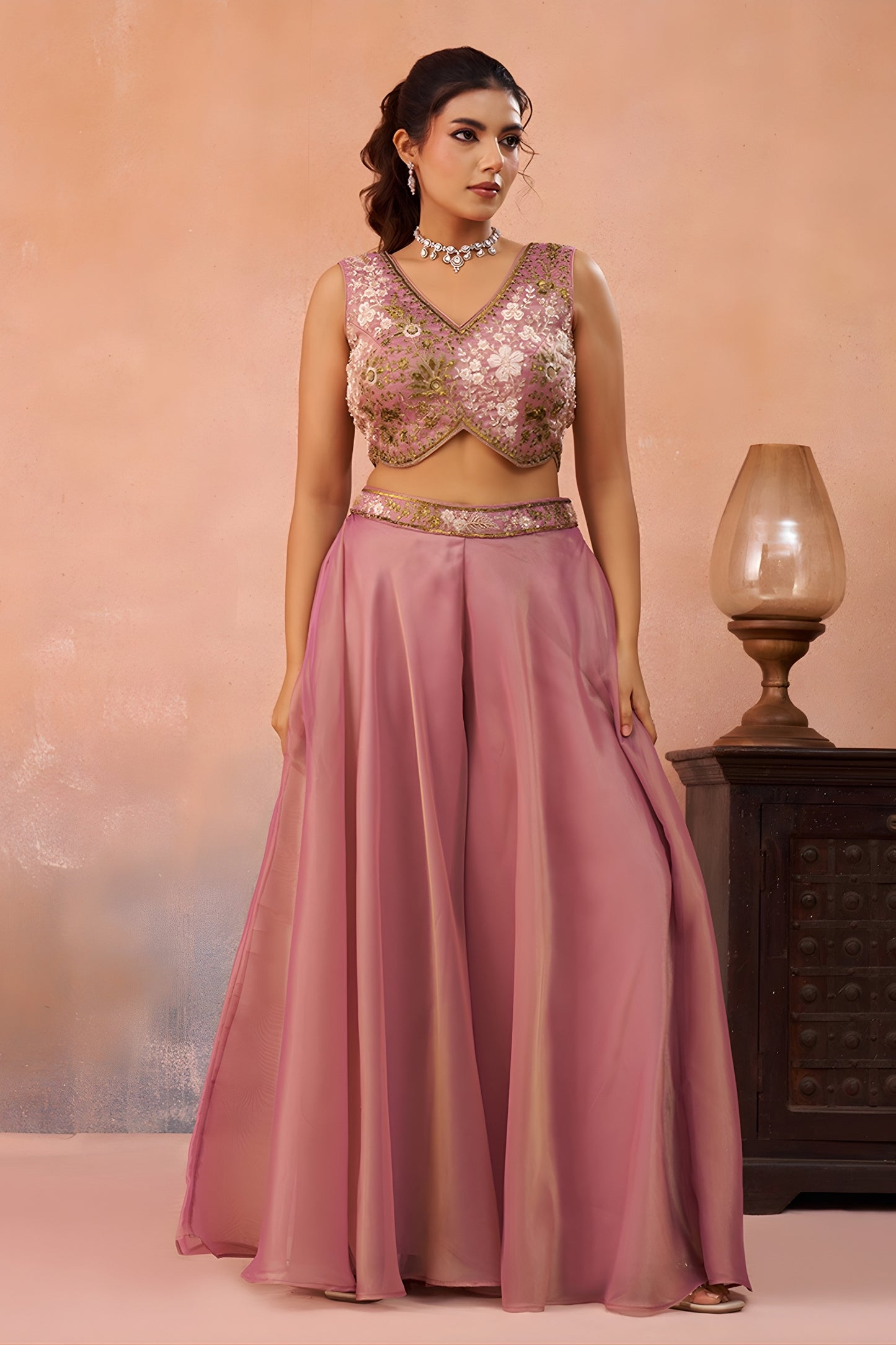 Fancy Pink Tissue Party Wear Crop Top Palazzo Set with Embroidered Jacket