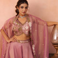 Fancy Pink Tissue Party Wear Crop Top Palazzo Set with Embroidered Jacket