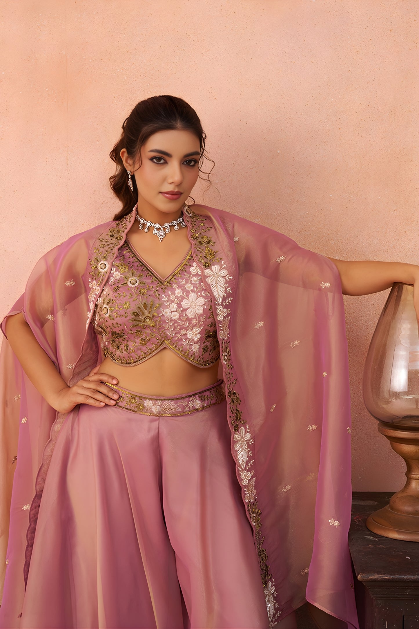 Fancy Pink Tissue Party Wear Crop Top Palazzo Set with Embroidered Jacket