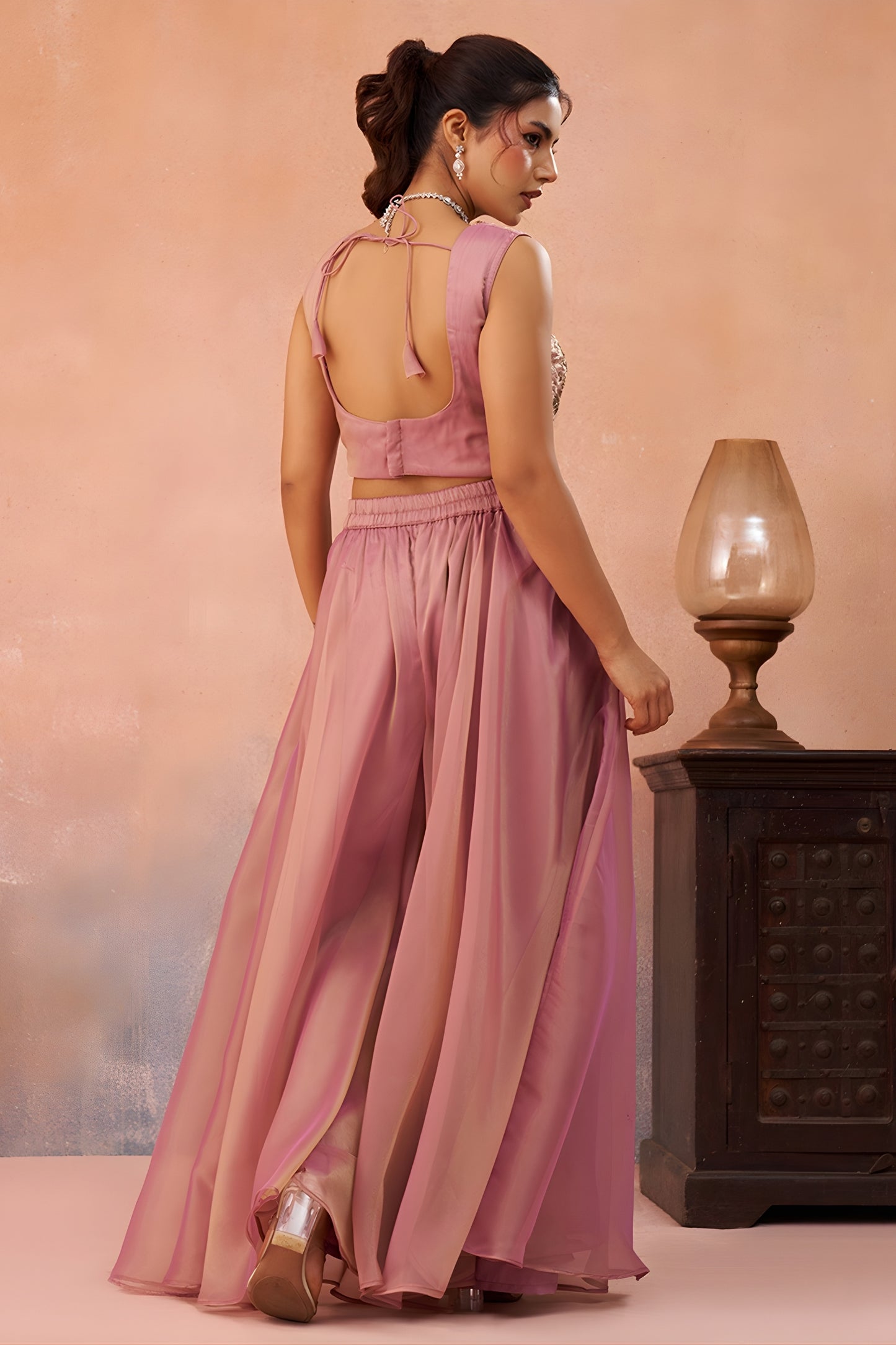 Fancy Pink Tissue Party Wear Crop Top Palazzo Set with Embroidered Jacket