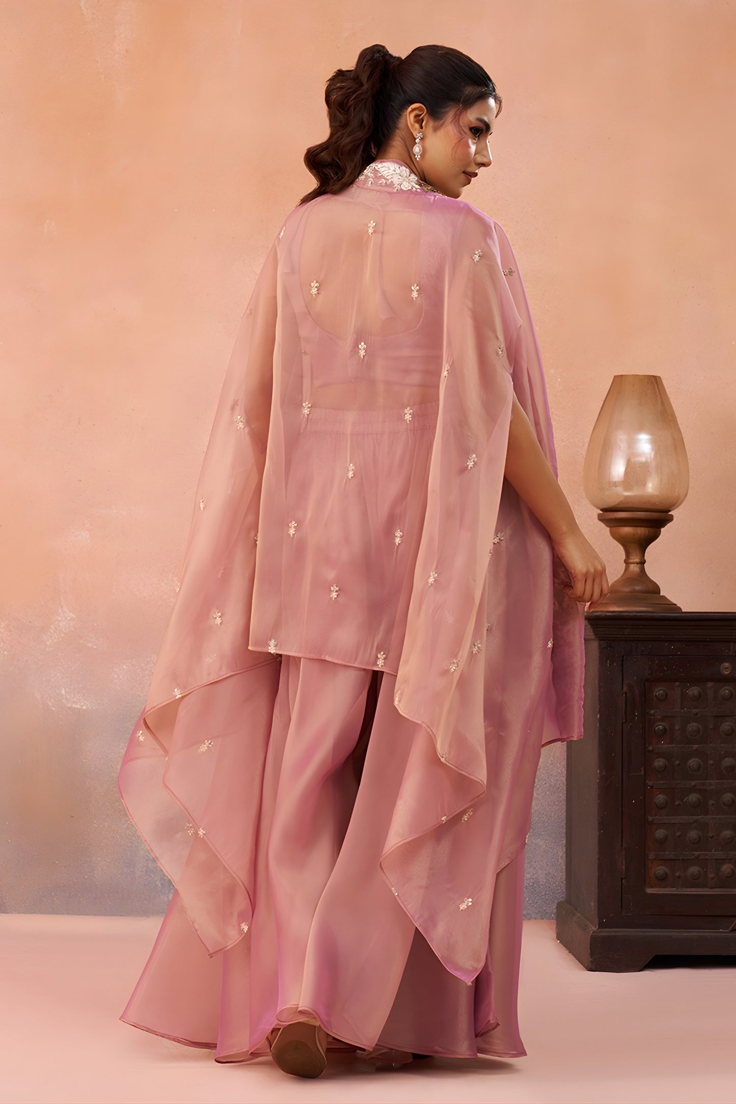 Fancy Pink Tissue Party Wear Crop Top Palazzo Set with Embroidered Jacket