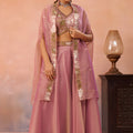 Fancy Pink Tissue Party Wear Crop Top Palazzo Set with Embroidered Jacket
