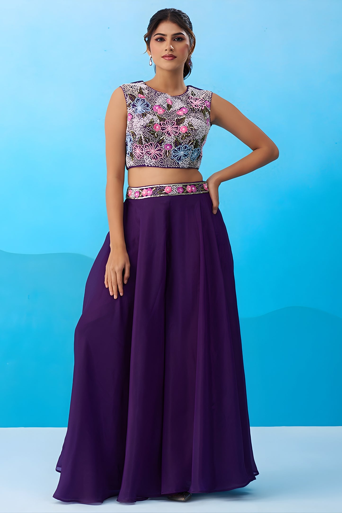 Adorable Purple Crepe Embroidered Crop Top Palazzo Set with Embroidered Jacket