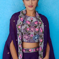 Adorable Purple Crepe Embroidered Crop Top Palazzo Set with Embroidered Jacket