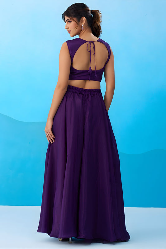 Adorable Purple Crepe Embroidered Crop Top Palazzo Set with Embroidered Jacket