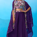 Adorable Purple Crepe Embroidered Crop Top Palazzo Set with Embroidered Jacket