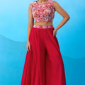 Outstanding Red Crepe Embroidered Crop Top Palazzo Set with Embroidered Jacket