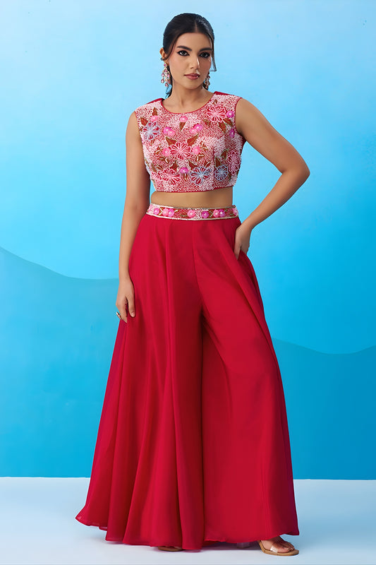 Outstanding Red Crepe Embroidered Crop Top Palazzo Set with Embroidered Jacket