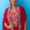 Outstanding Red Crepe Embroidered Crop Top Palazzo Set with Embroidered Jacket