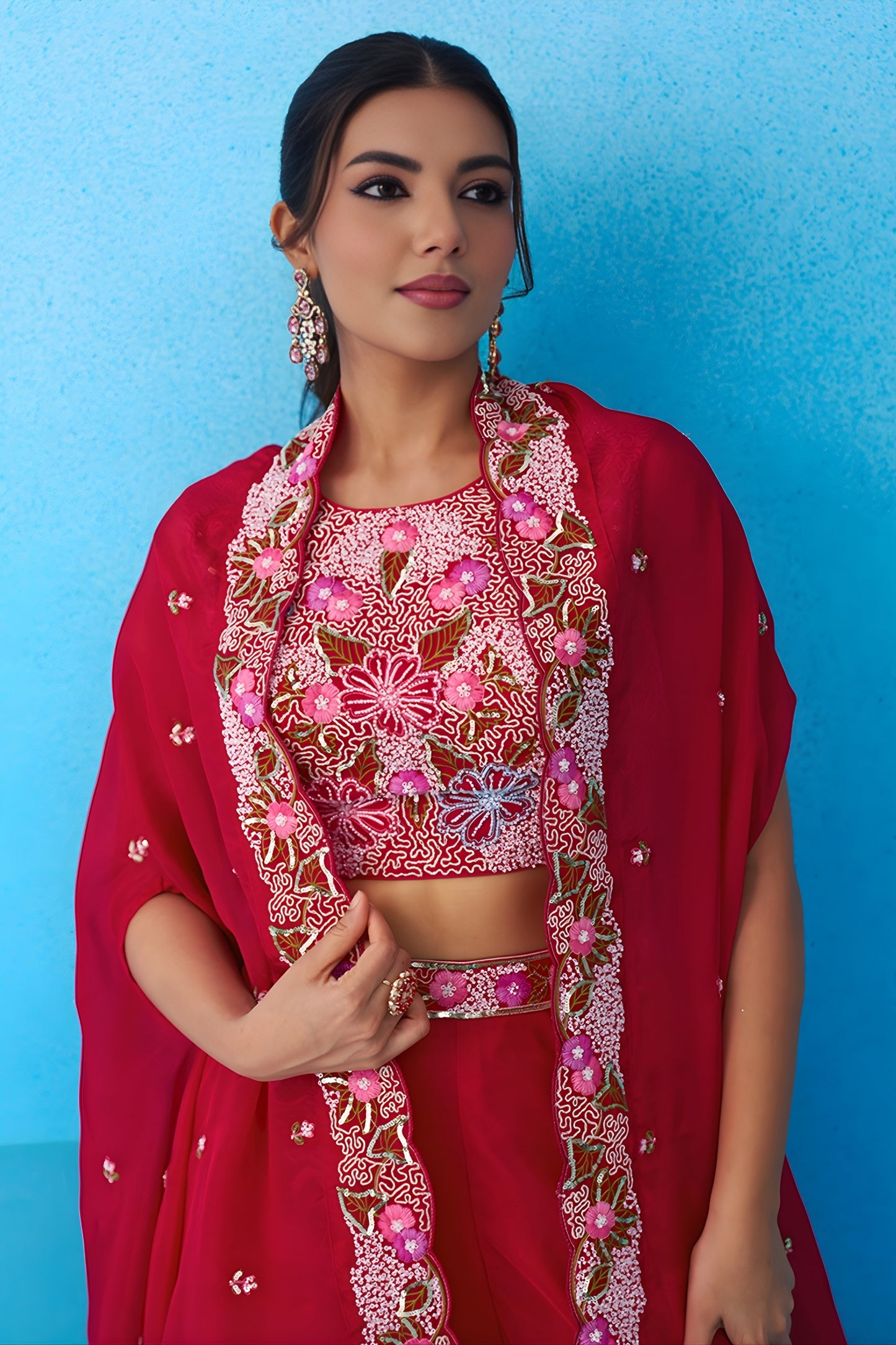 Outstanding Red Crepe Embroidered Crop Top Palazzo Set with Embroidered Jacket
