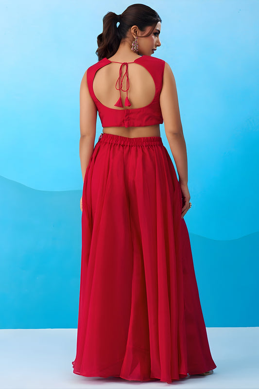 Outstanding Red Crepe Embroidered Crop Top Palazzo Set with Embroidered Jacket