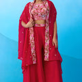 Outstanding Red Crepe Embroidered Crop Top Palazzo Set with Embroidered Jacket