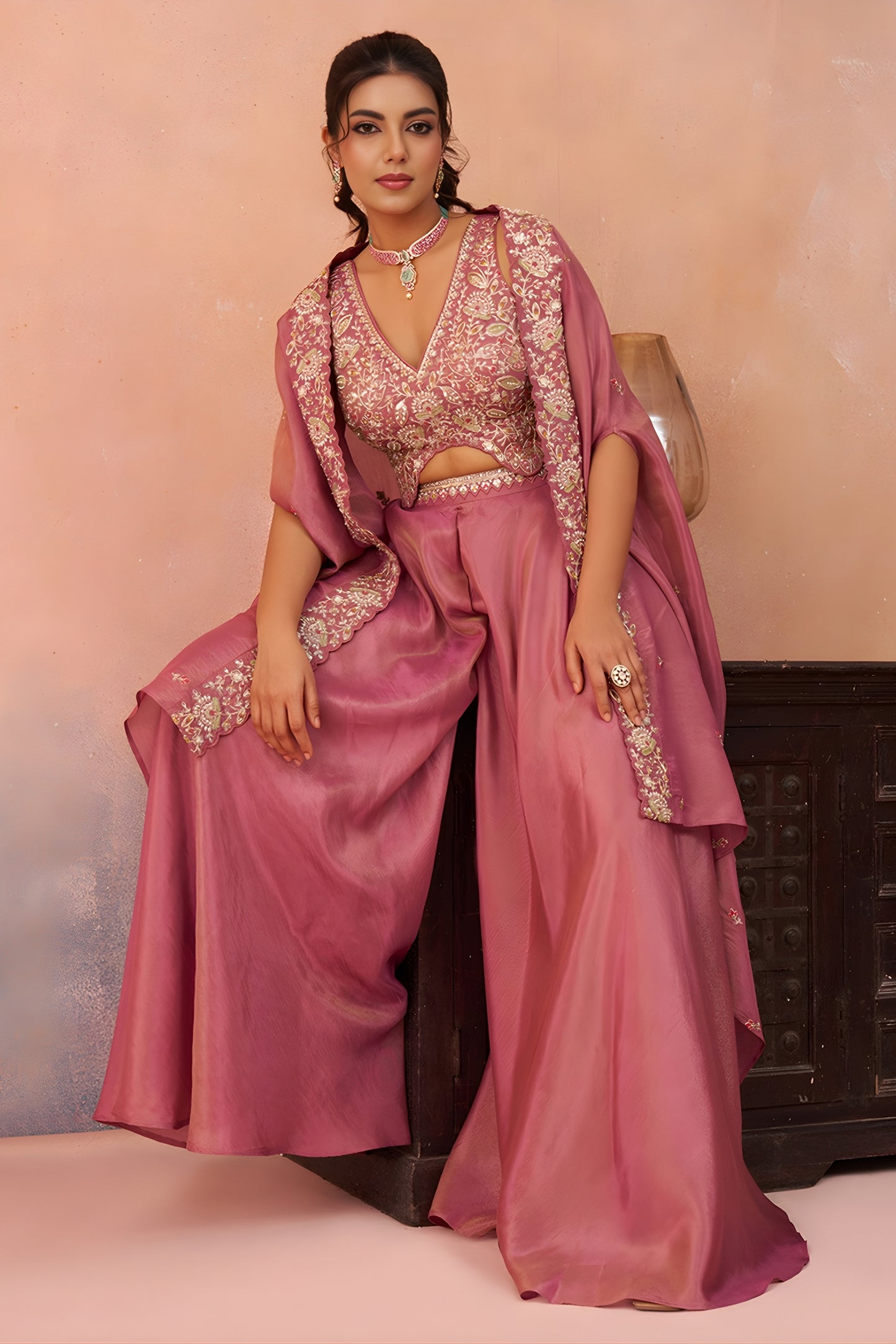 Gorgeous Pink Crepe Embroidered Crop Top Palazzo Set with Embroidered Jacket