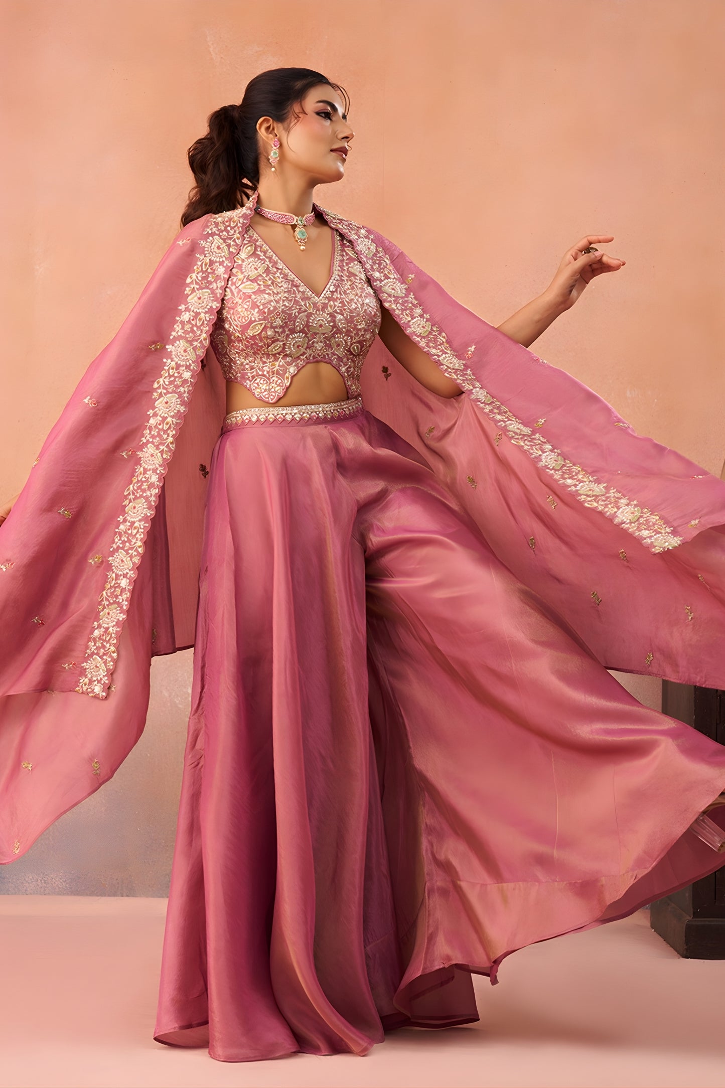 Gorgeous Pink Crepe Embroidered Crop Top Palazzo Set with Embroidered Jacket