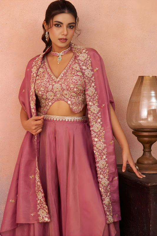 Gorgeous Pink Crepe Embroidered Crop Top Palazzo Set with Embroidered Jacket