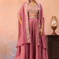 Gorgeous Pink Crepe Embroidered Crop Top Palazzo Set with Embroidered Jacket