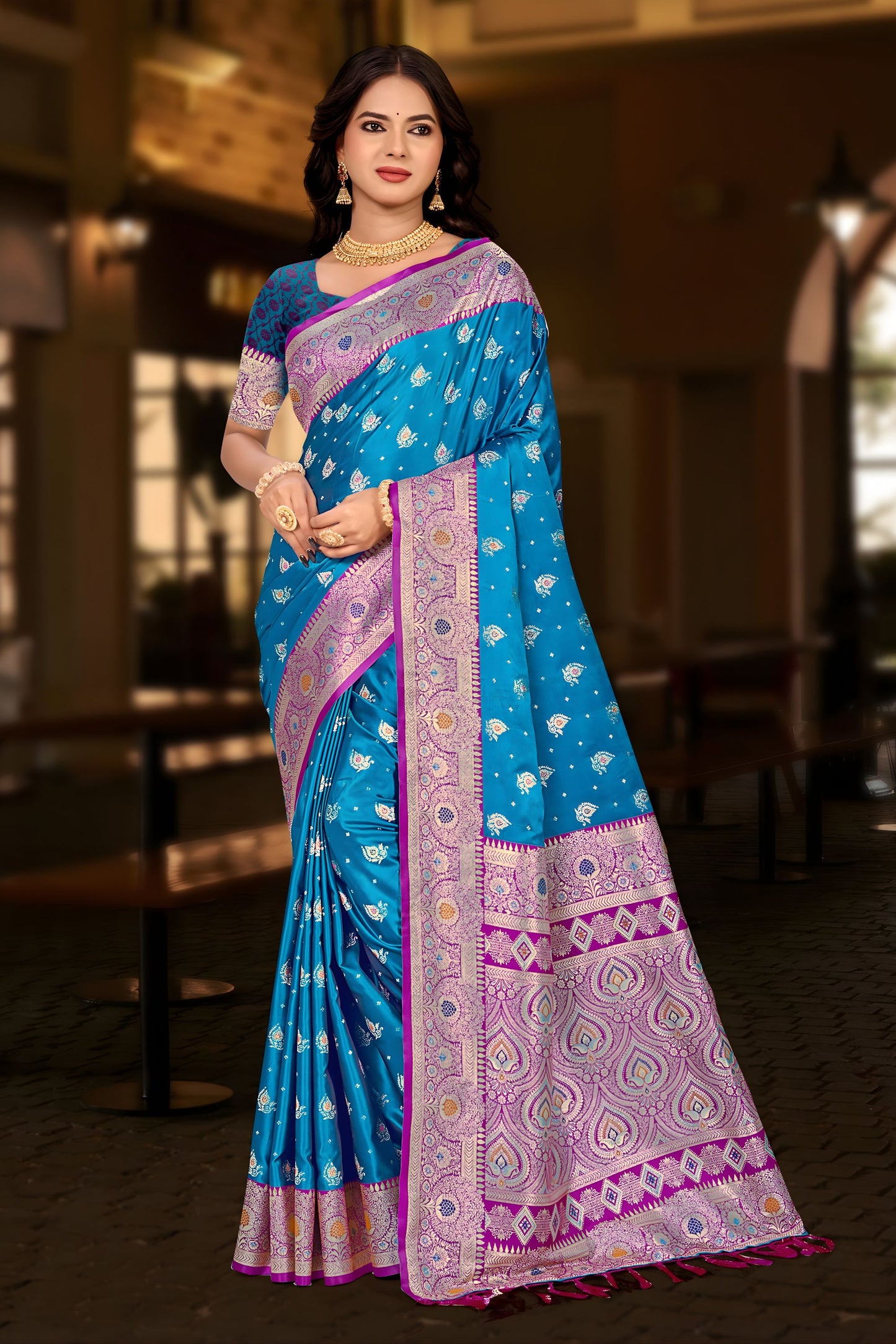  Teal Blue Banarasi Silk Saree with Rich Zari Border Traditional Saree