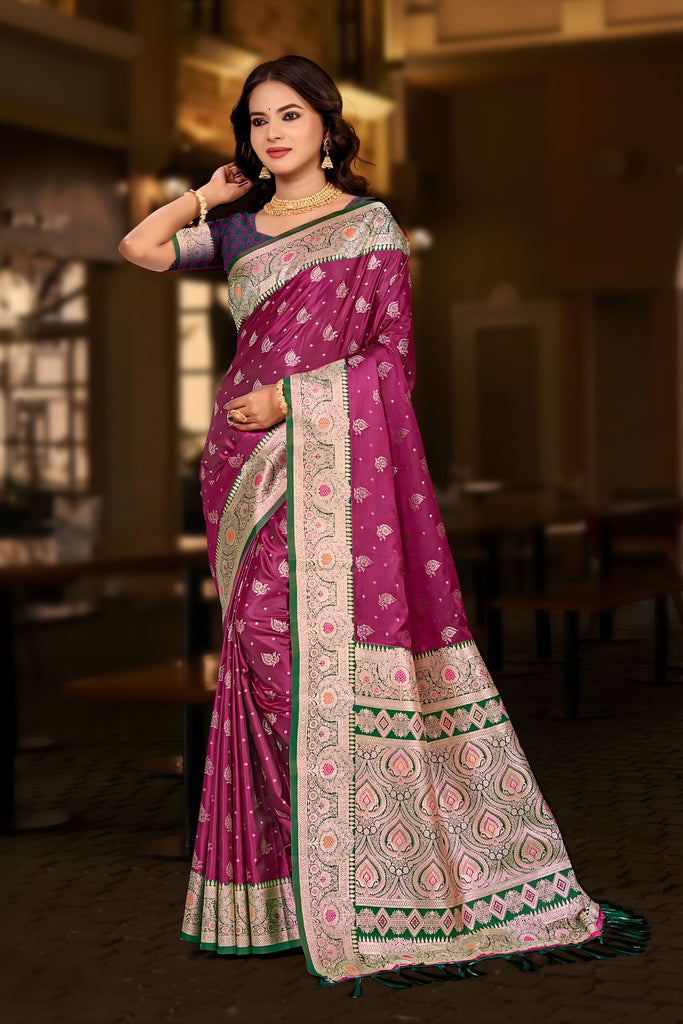  Rani Pink Banarasi Silk Saree Rich Zari Border Green Contrast Pallu 
