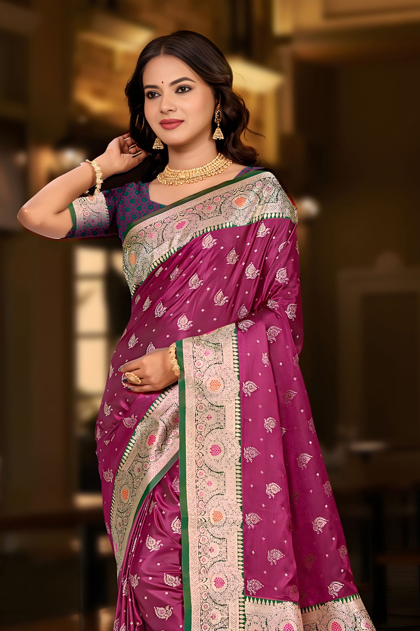 Rani Pink Banarasi Silk Saree Rich Zari Border Green Contrast Pallu
