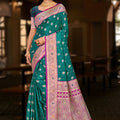 Green Banarasi Silk Saree with Rich Zari Border Pink Contrast Pallu
