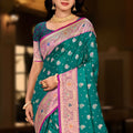 Green Banarasi Silk Saree with Rich Zari Border Pink Contrast Pallu